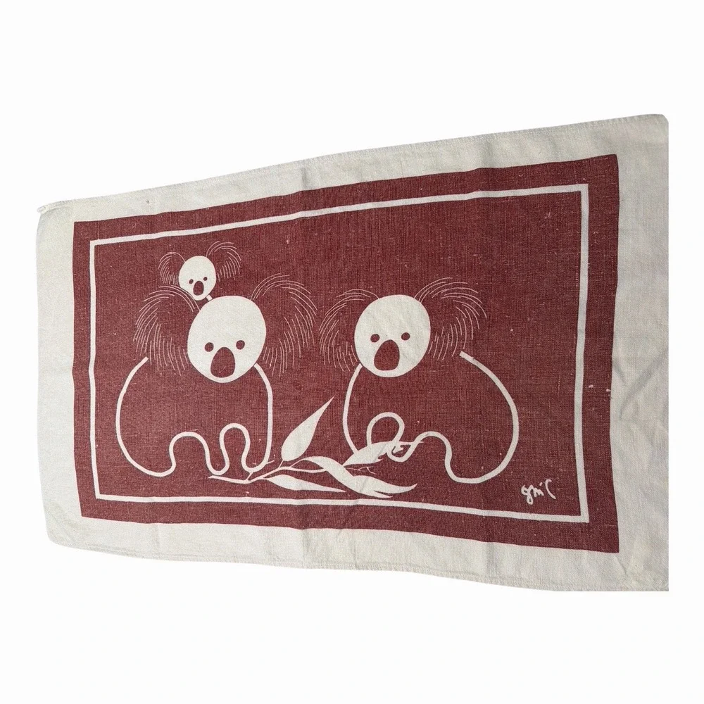 Australia Tea Towel Stylized Koala Bears & Baby Rustic Red White Cotton Linen